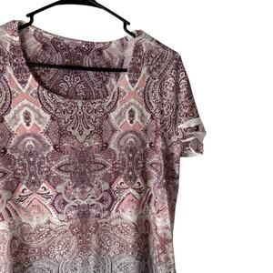 Paisley Print Shirt Womens Large Pink Purple White Short Sleeve Boho Stretch Top